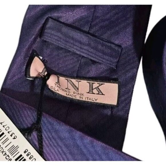NWT THOMAS PINK Men's 100% Silk Necktie LUXURY Tie Blue Purple Striped W:3.5" - Picture 2 of 5